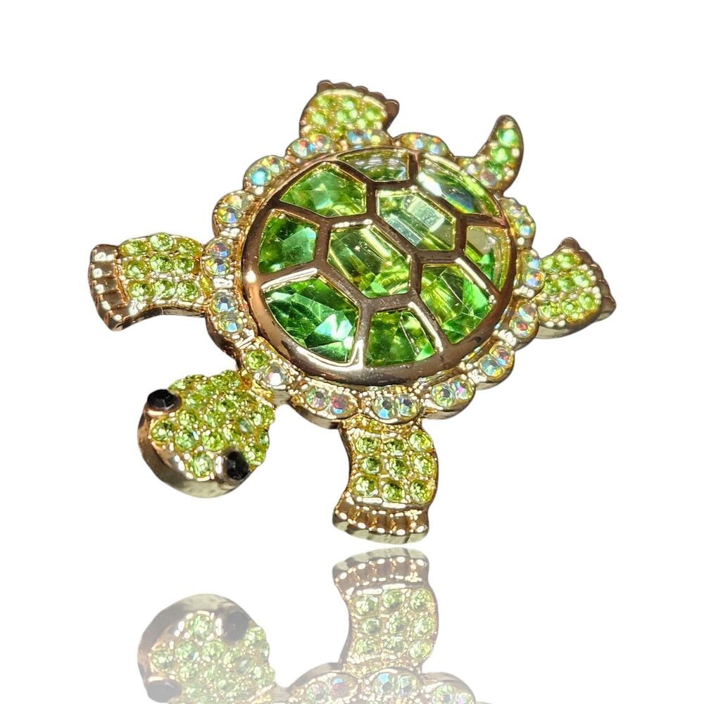 Goldtone Turtle Brooch Green Crystal Hollow Rhinestones Holiday Office Gift